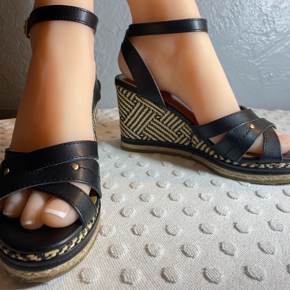 GH.Bass & Co. Black Ankle Strap Woven Wedge Sandle - Picture 6 of 16